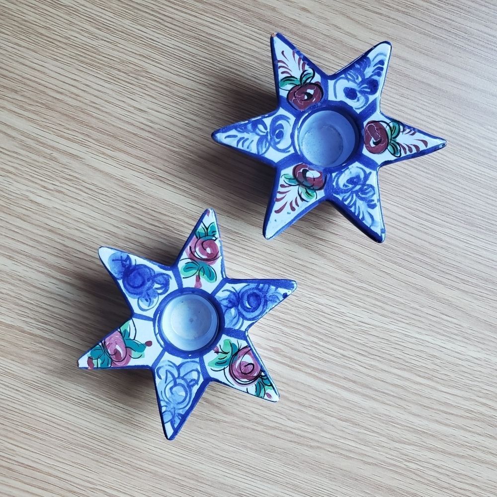 Handmade star shaped‎ floral painted candle holder set of two